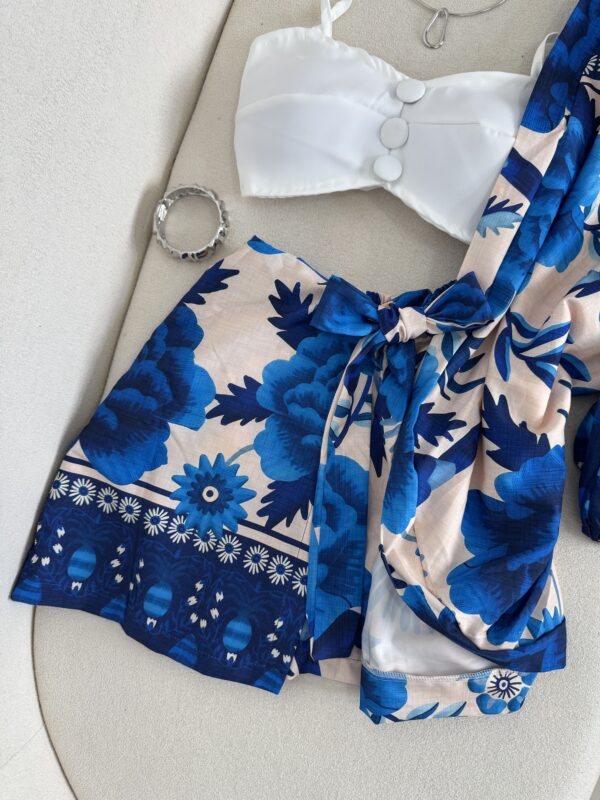 Conjunto De Kimono + Shorts/saia Estampado Azul com Off - Imagem 2