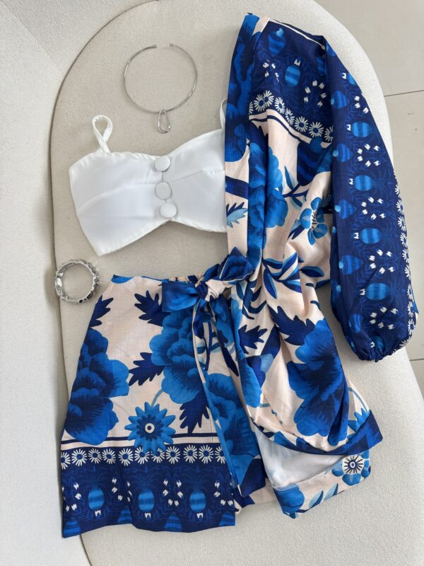 Conjunto De Kimono + Shorts/saia Estampado Azul com Off - Imagem 3