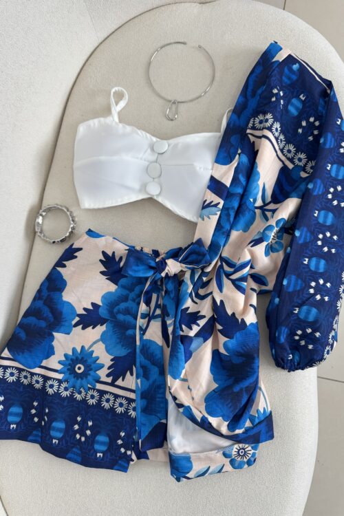 Conjunto De Kimono + Shorts/saia Estampado Azul com Off
