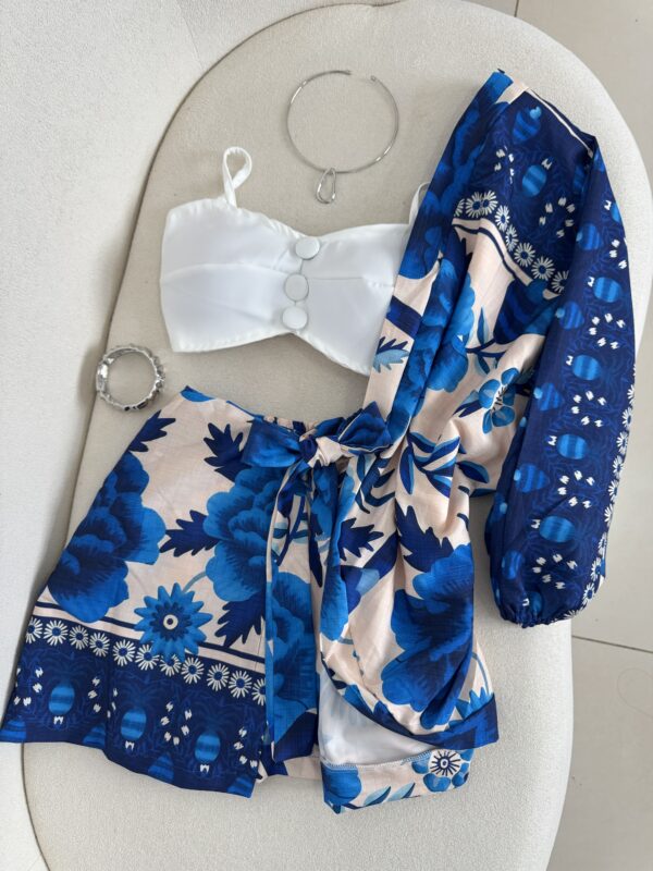 Conjunto De Kimono + Shorts/saia Estampado Azul com Off