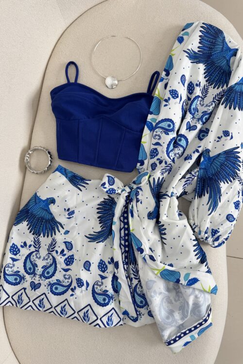 Conjunto De Kimono + Shorts/saia Estampado Azul com Branco