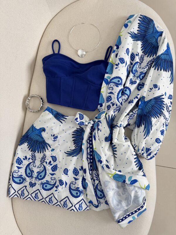 Conjunto De Kimono + Shorts/saia Estampado Azul com Branco