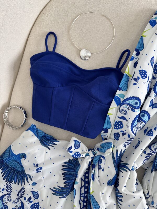 Conjunto De Kimono + Shorts/saia Estampado Azul com Branco - Imagem 3