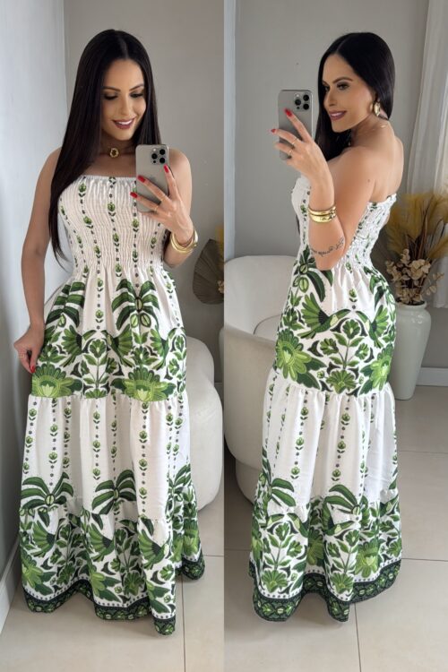 Vestido Longo Lastex Floral Verde