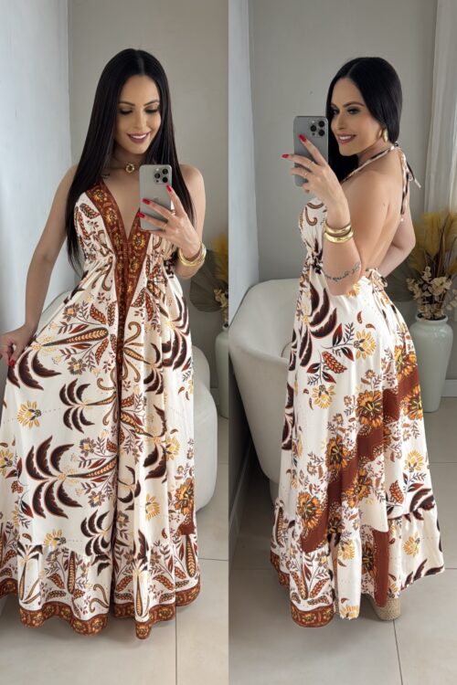 Vestido Indiano Longo Crepinho Marrom
