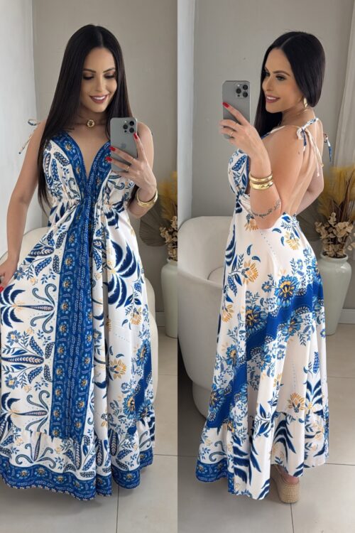 Vestido Indiano Longo Crepinho Azul