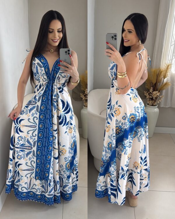 Vestido Indiano Longo Crepinho Azul