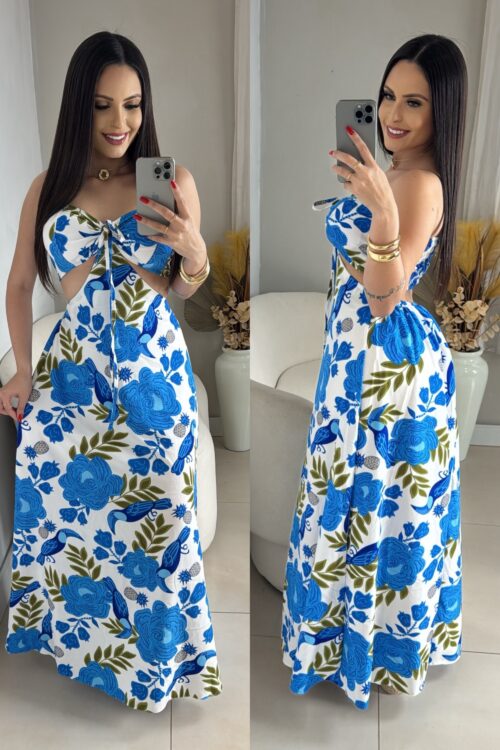 Vestido Longo Floral Com Azul e Folhas Verdes