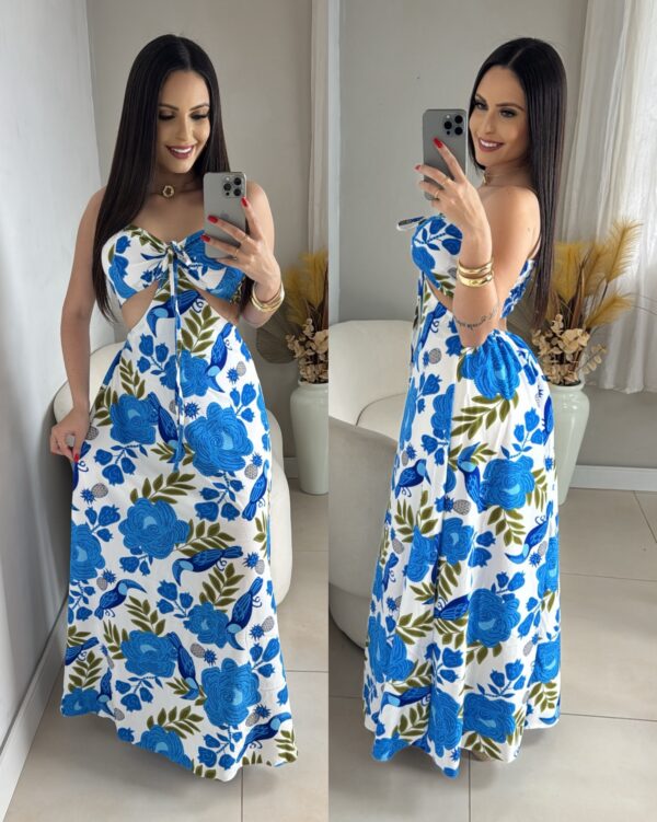 Vestido Longo Floral Com Azul e Folhas Verdes