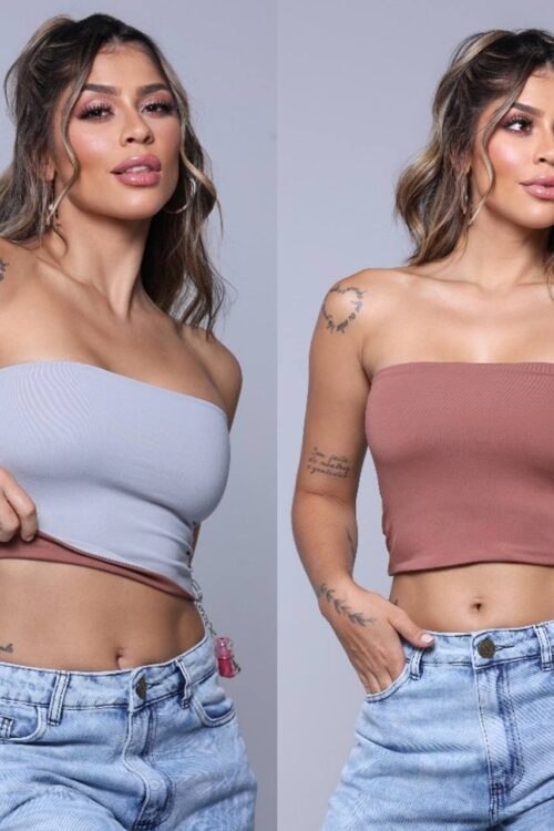 Cropped Tube Poliamida 2 Em 1 Marrom com Cinza
