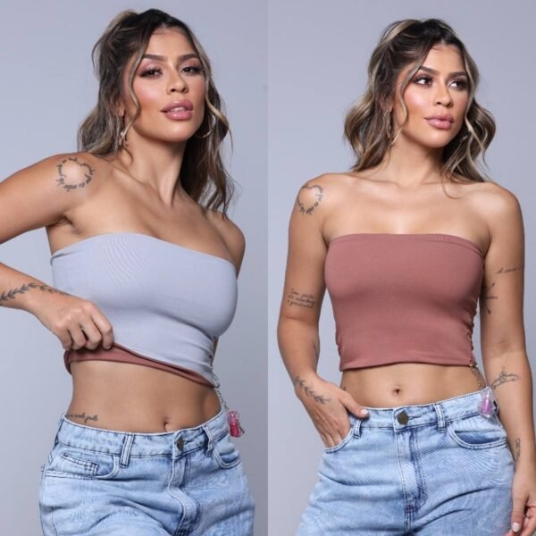 Cropped Tube Poliamida 2 Em 1 Marrom com Cinza