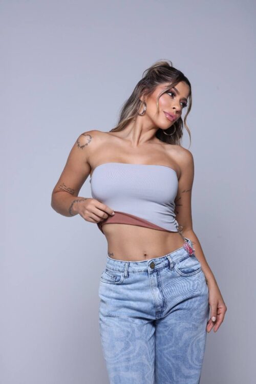 Cropped Tube Poliamida 2 Em 1 Marrom com Cinza