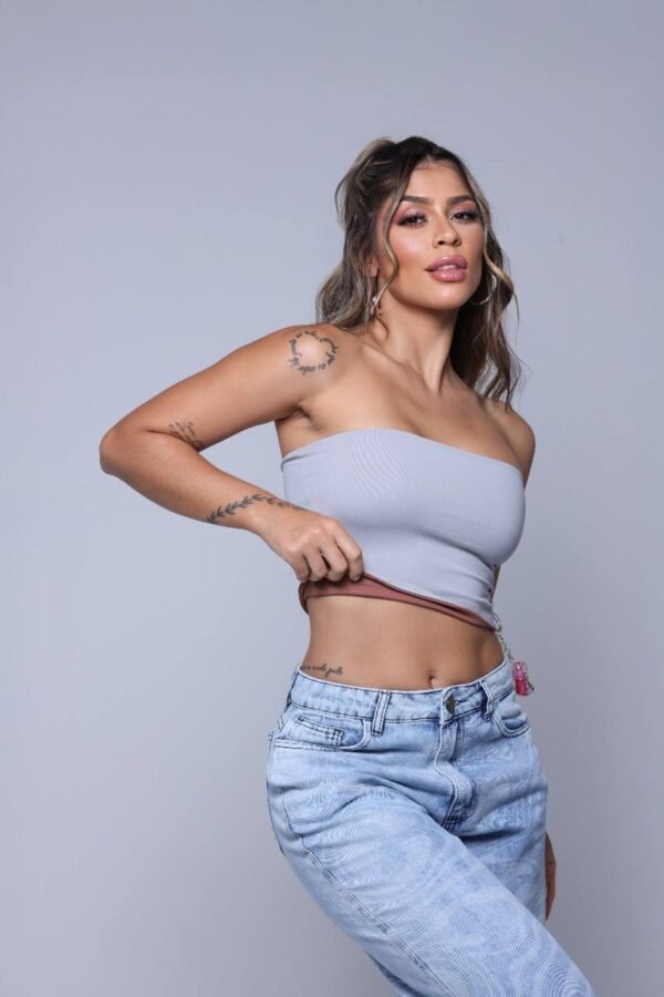 Cropped Tube Poliamida 2 Em 1 Marrom com Cinza - Imagem 9