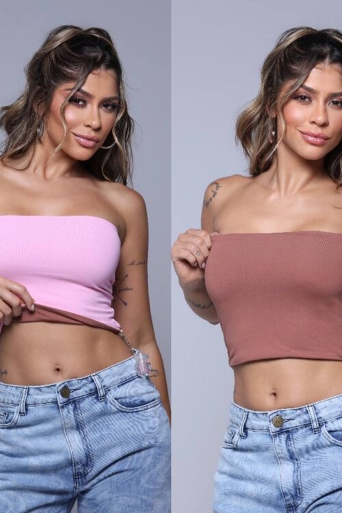Cropped Tube Poliamida 2 Em 1 Rosa com Marrom