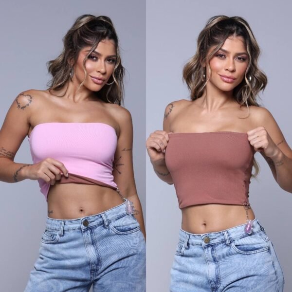 Cropped Tube Poliamida 2 Em 1 Rosa com Marrom