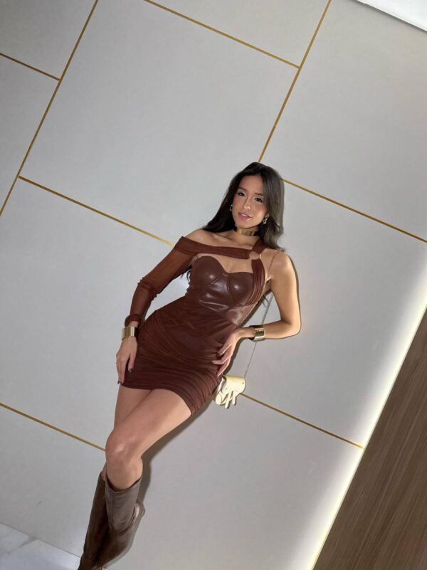 Vestido Argola Tule Com Courino Marrom - Imagem 2