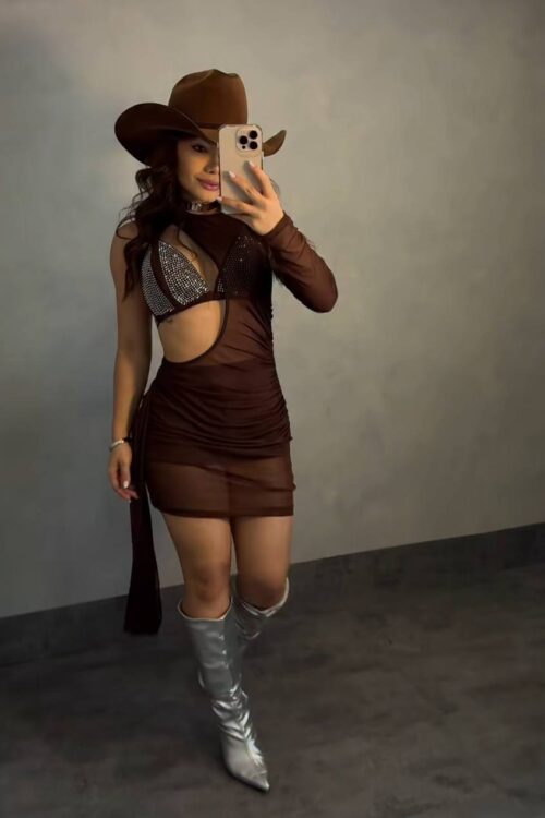 Trijunto (Vestido + Top + Shorts) Tule Com Strass Marrom