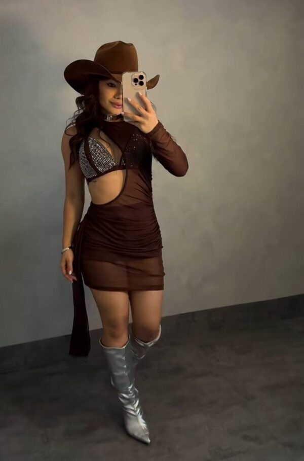 Trijunto (Vestido + Top + Shorts) Tule Com Strass Marrom