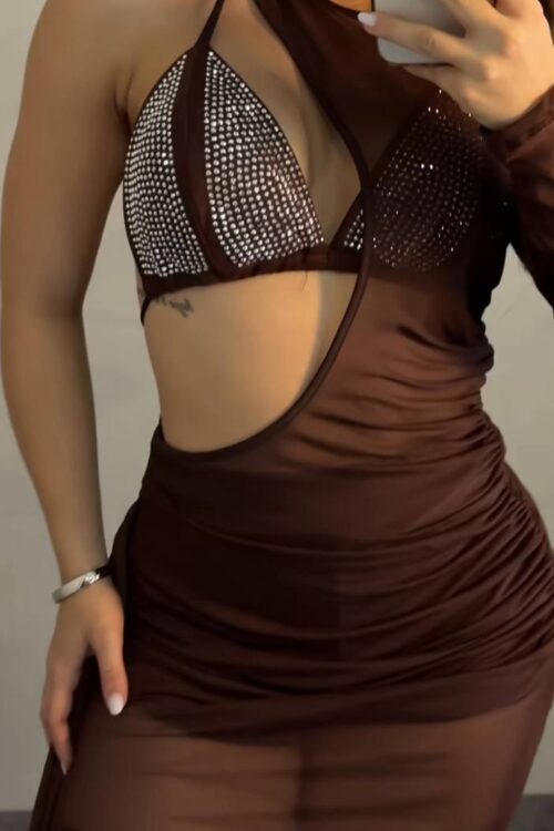 Trijunto (Vestido + Top + Shorts) Tule Com Strass Marrom