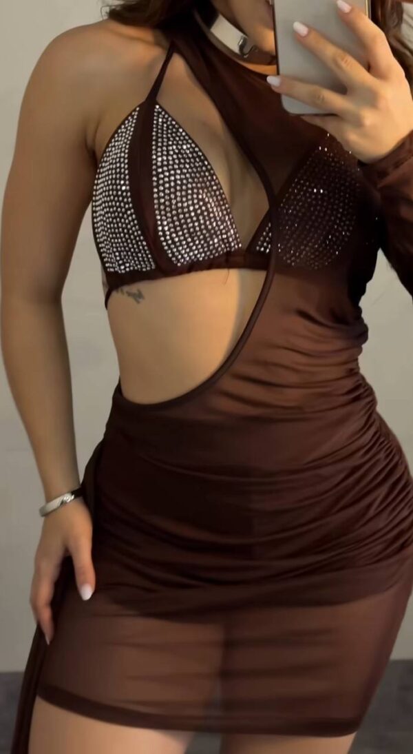 Trijunto (Vestido + Top + Shorts) Tule Com Strass Marrom - Imagem 3