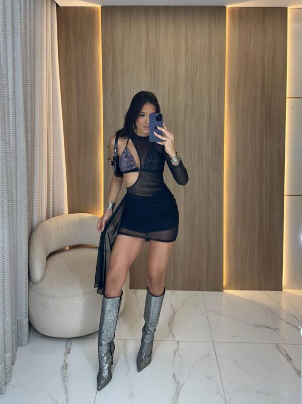 Trijunto (Vestido + Top + Shorts) Tule Com Strass Preto - Imagem 4