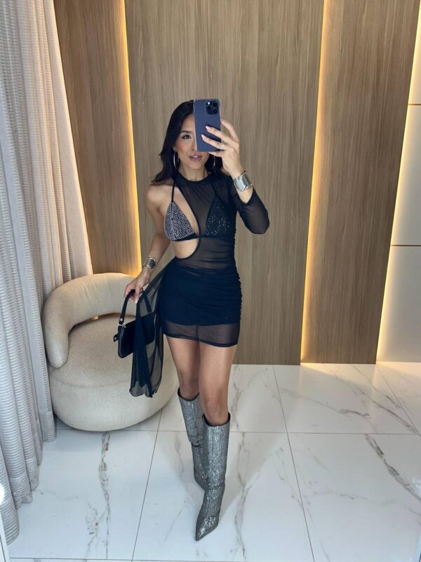 Trijunto (Vestido + Top + Shorts) Tule Com Strass Preto - Imagem 6