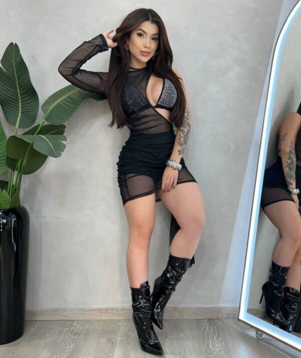 Trijunto (Vestido + Top + Shorts) Tule Com Strass Preto