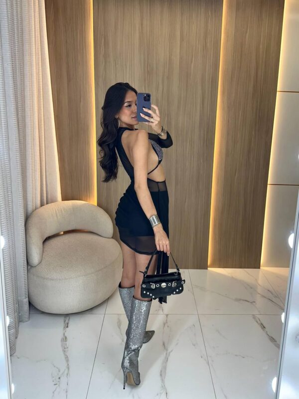 Trijunto (Vestido + Top + Shorts) Tule Com Strass Preto - Imagem 7