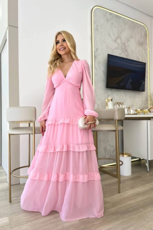 Vestido Longo Maria Jose Chiffon Rosa