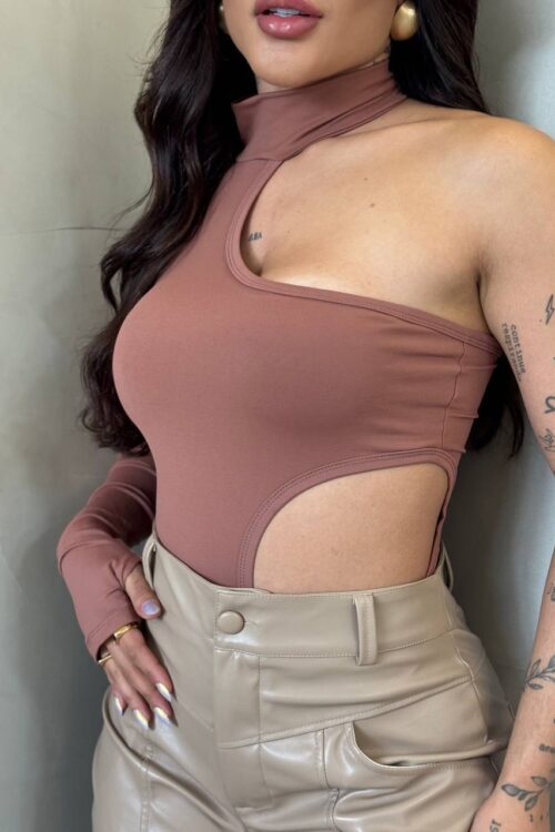 Body Manga Única Choker Marrom