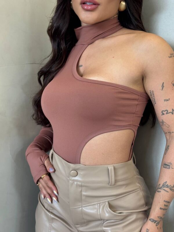 Body Manga Única Choker Marrom - Imagem 2