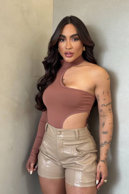 Body Manga Única Choker Marrom