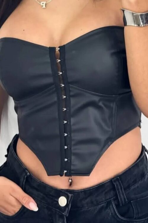 Cropped Corset Courino Espartilho Preto
