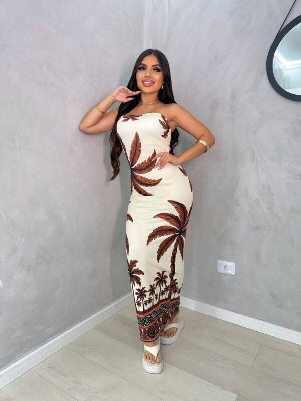 Vestido Longo Coqueiro Estampado Marrom