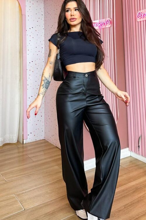 Calça Wide Leg Courino Preta