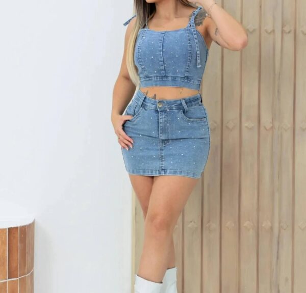 Conjunto Jeans Com Lycra E Strass - Imagem 3