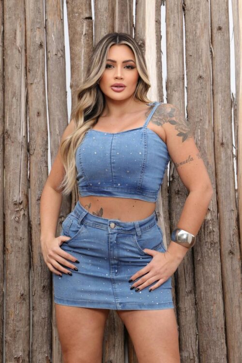 Conjunto Jeans Com Lycra E Strass