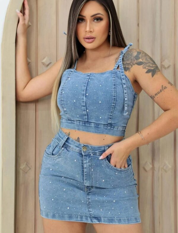 Conjunto Jeans Com Lycra E Strass - Imagem 5
