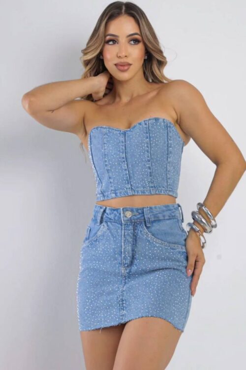 Corset Jeans Strass Luxo Sabrina