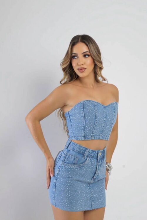 Corset Jeans Strass Luxo Sabrina