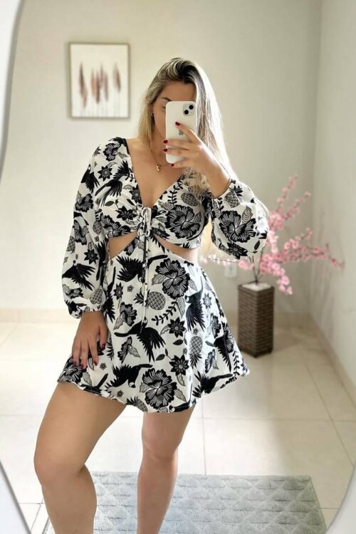 Vestido/macaquinho Estampado Isadora Preto