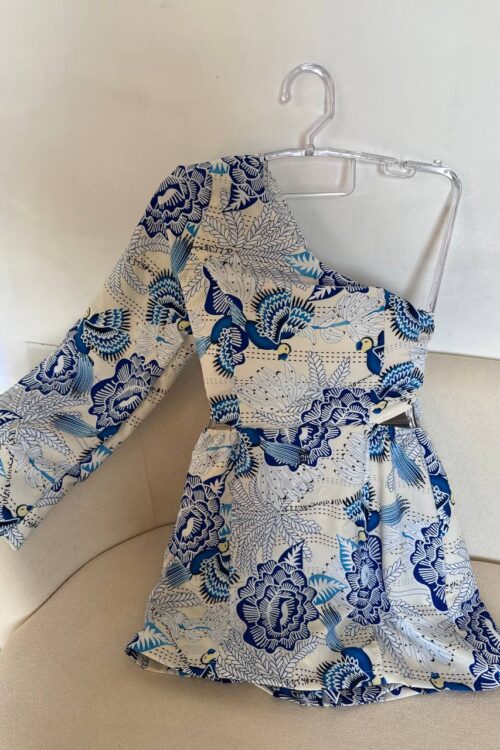 Vestido/macaquinho Manga Única Floral Azul