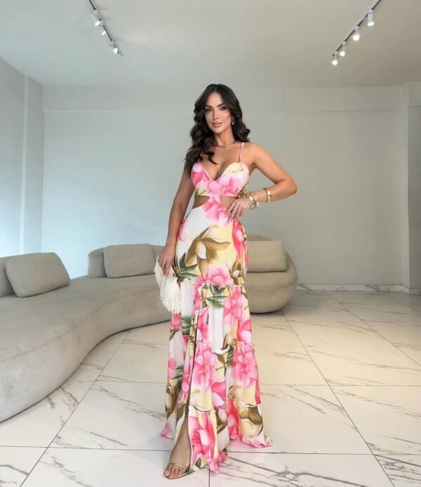 Vestido Longo Floral Amarelo e Rosa