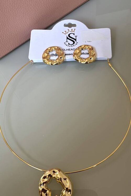 Conjunto De Colar Choker + Brincos Dourado Círculos