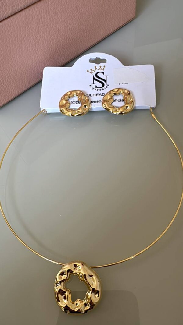 Conjunto De Colar Choker + Brincos Dourado Círculos