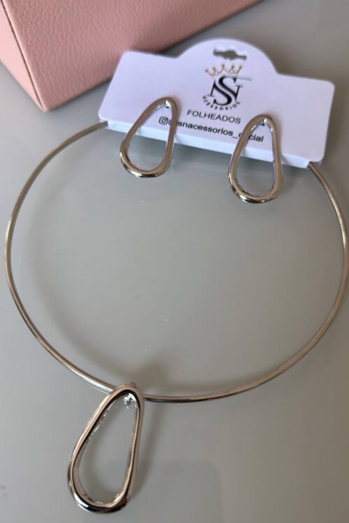 Conjunto De Colar Choker + Brincos Prata Orgânico Liso