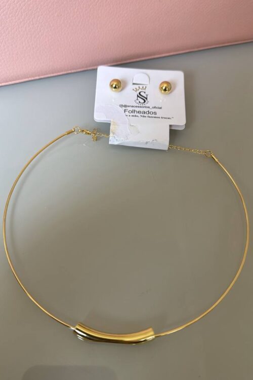 Conjunto De Colar Choker + Brinco Dourado Jade