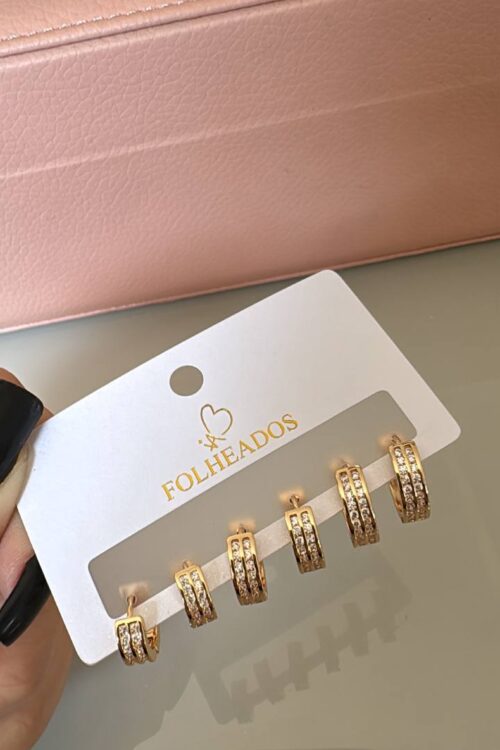 Conjunto De 3 Brincos Argolinha Cravejadas Dourado