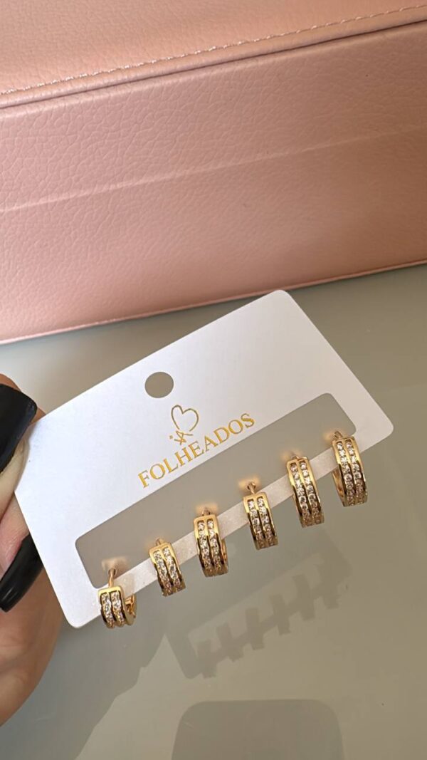 Conjunto De 3 Brincos Argolinha Cravejadas Dourado