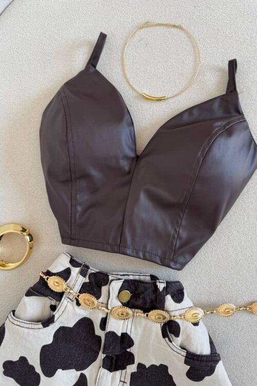 Cropped Courino Marrom Alcinha